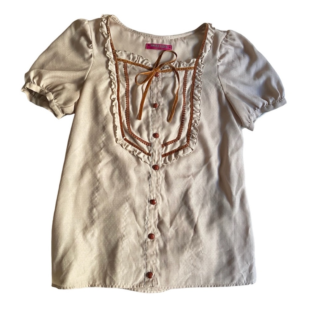 Anna Sui Dolly Girl Cream Milkmaid Ruffle Blouse with Brown Trim